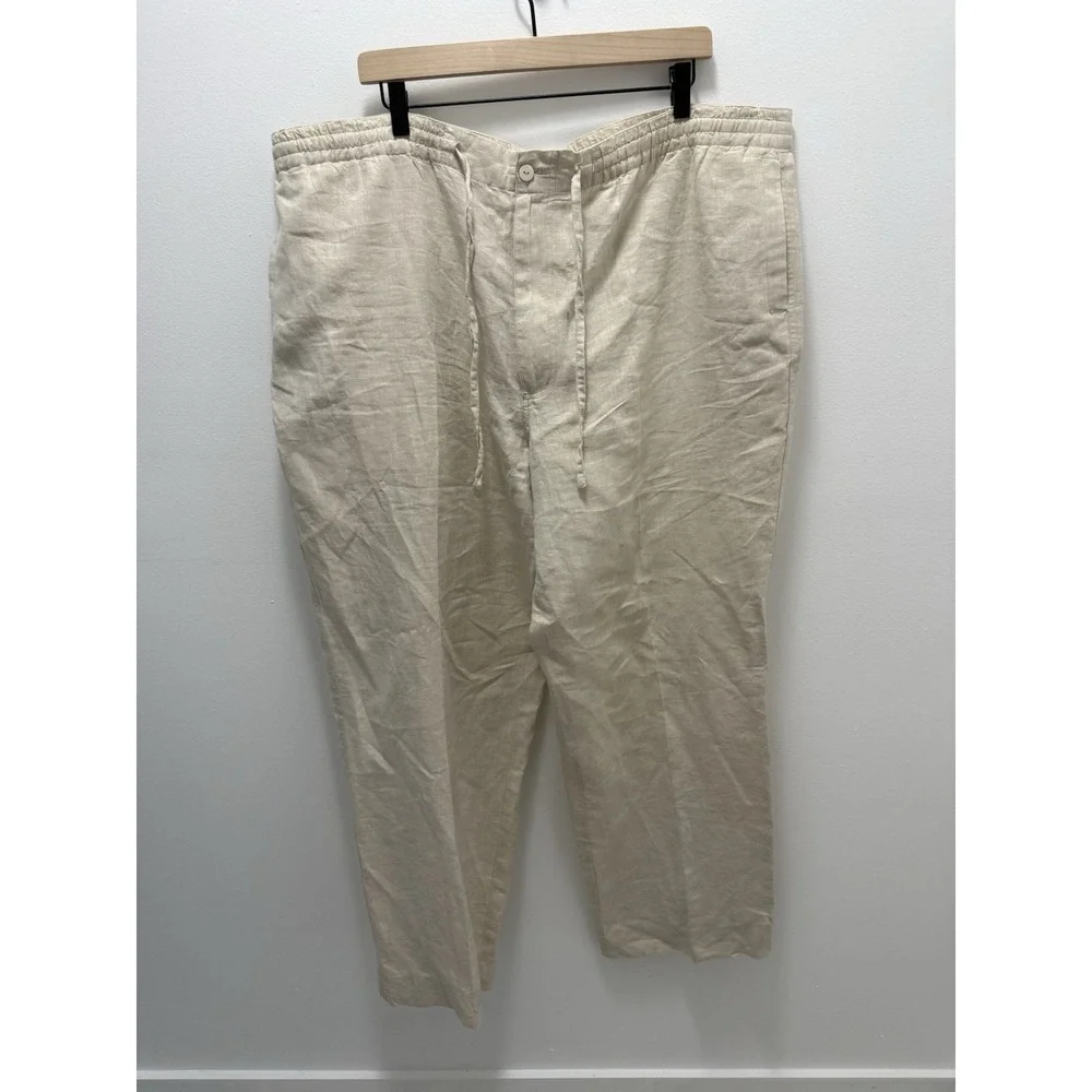 Baracuta‎ Men's XXL 100% Linen Drawstring Pants Beige Elastic Waist Straight Leg